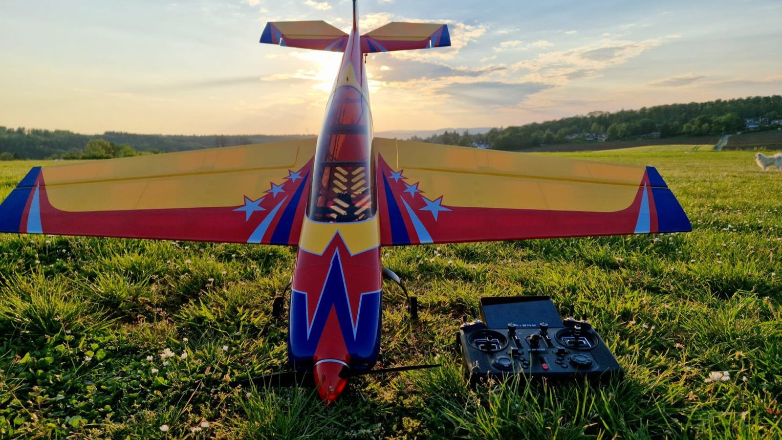 Kunstflugmodell mit Fernsteuerung im Abendlicht
